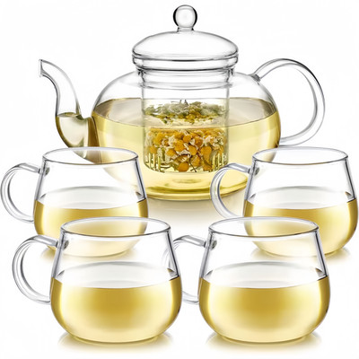 1000Ml Glass Teapot with Infuser And 4 Cups,Detachable Infuser