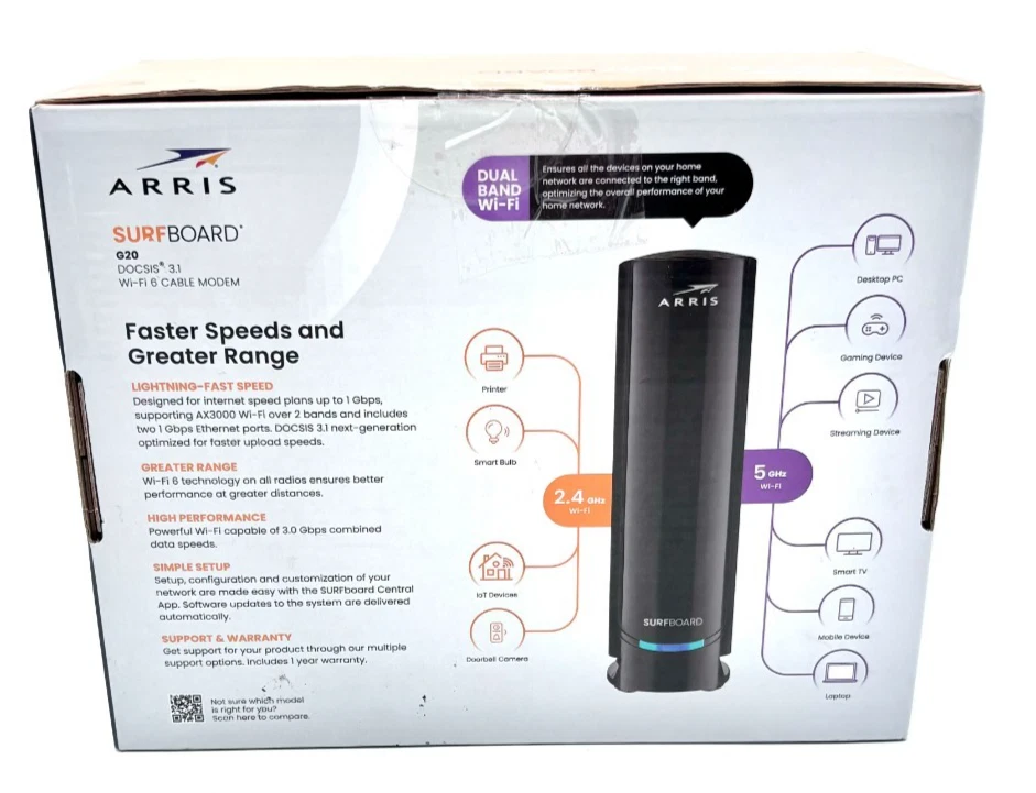 ARRIS SURFboard G20 AX3000 DOCSIS 3.1 Wi-Fi 6 Cable Modem: 1000 Mbps Dual Band - Image 4 of 4
