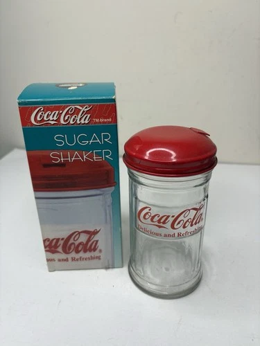 COCA-COLA Glass SUGAR SHAKER JAR Red METAL LID Vintage 1995 Restaurant Style