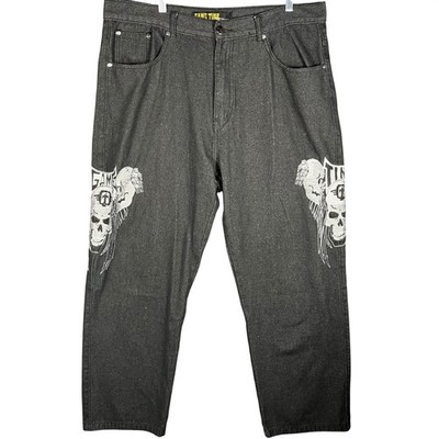 Game Time Denim Jeans Mens 42 Black Embroidered Skull Winged Logo Streetwear