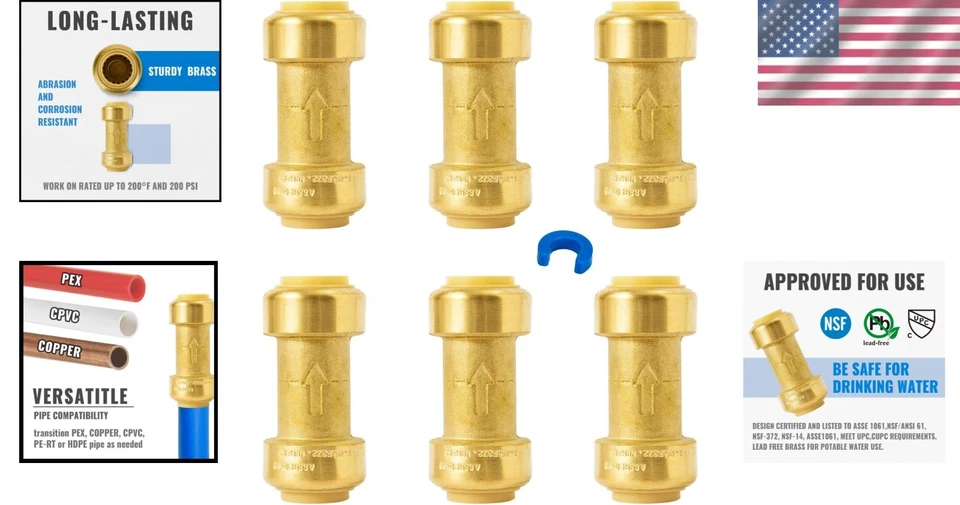 6 Pack of 3/4 Inch Brass Push-Fit Check Valves for Versatile Plumbing Solutions - Image 2 of 4