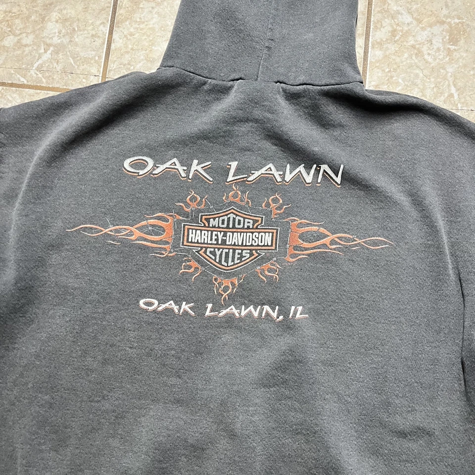 Vintage 90s Harley Davidson Flames Biker Hoodie Zip Up Oak Lawn IL - Image 3 of 4