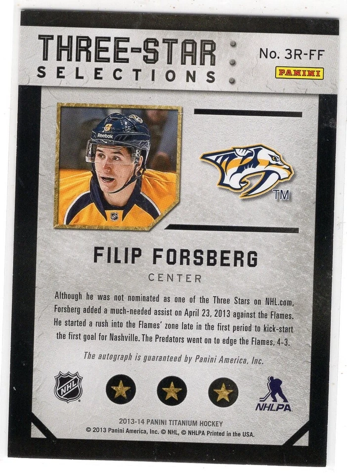 2013-14 Panini Titanium Three Star Selections Autographs Filip Forsberg RC /100 - Image 2 of 2
