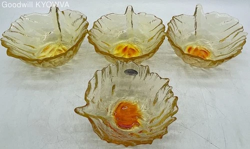 Blenko #838s Hand Blown Glass Cabbage Leaf Bowls Yellow 4pc