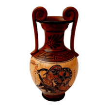 Ánfora griega antigua 19 cm, con tonos marrones, muestra a Aquiles matar a Héctor