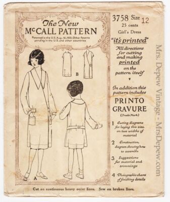 Vintage Sewing Pattern 1920s McCall 3758 Girl's Hooverette Dress 30