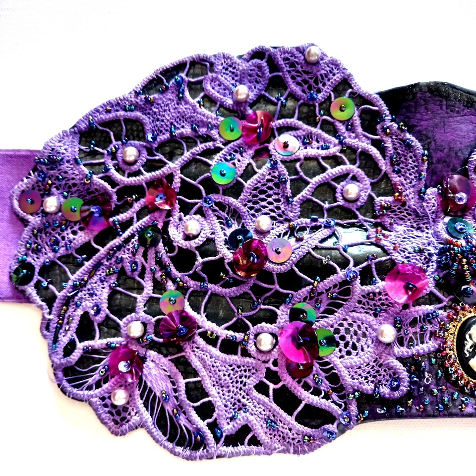 mujer cinturón grande imitación cuero corsé grande lentejuelas real macramé camafeo bordado Foto 4 de 4