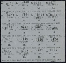 St. Lucia Postage Dues Block of 20 SG D1 Varieties w/ 9 Double & 1 Triple #s 
