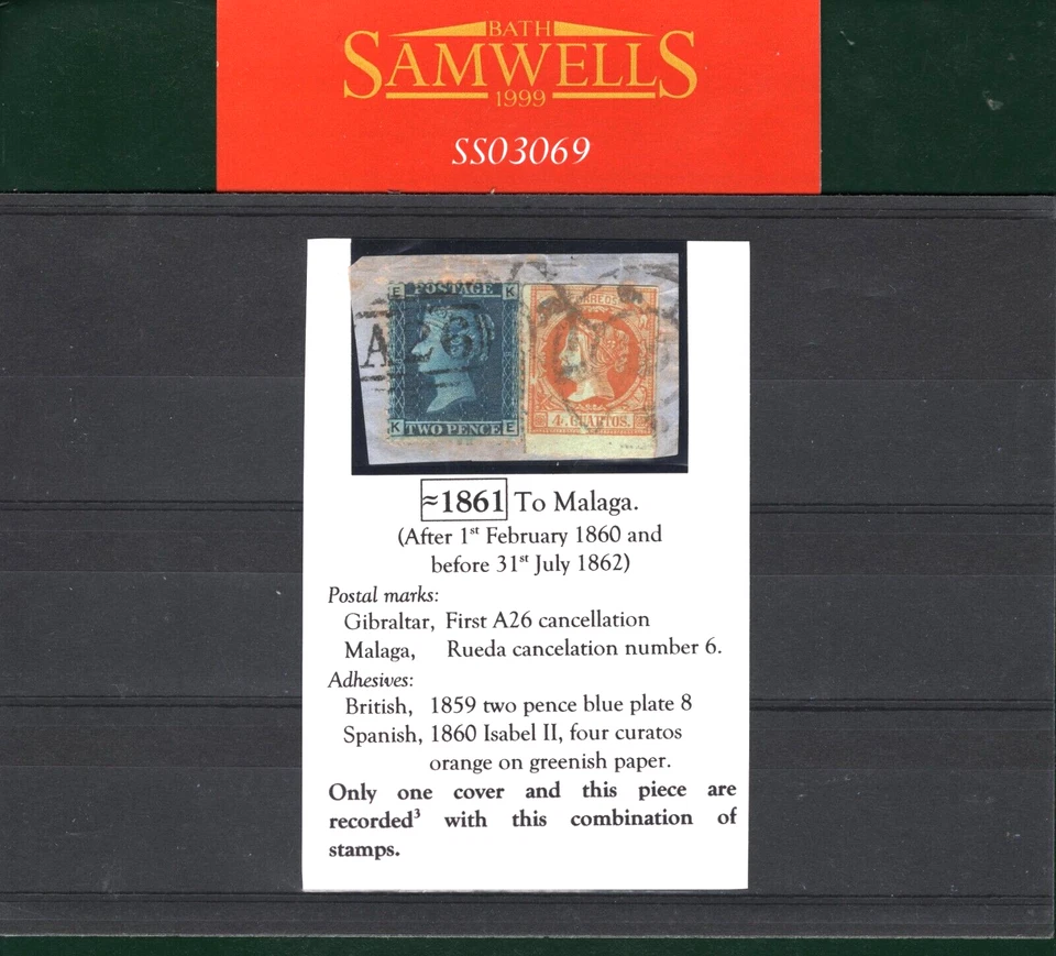 GB USED ABROAD/SPAIN *Mixed Franking* GIBRALTAR 1861 2d Blue/4c Orange SS3069 - Image 4 of 4