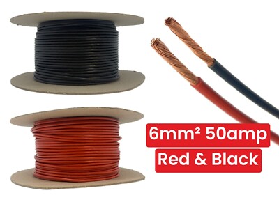 6 mm² 50 Amp dünnwandiges Auto PVC Batteriekabel - rot & schwarz - mehrere Längen