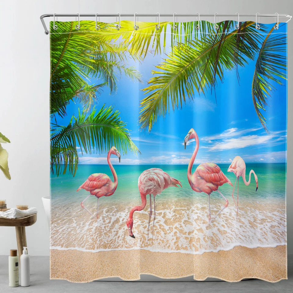 Summer Beach Ocean Palm Leaf Pink Flamingo Shower Curtain Set for Bathroom Decor - Image 2 of 4