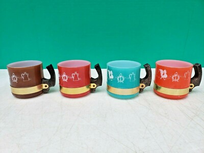 Siesta Ware Glass Coffee Mug Kitchen Rooster Morning Theme Set of 4 Mid Century