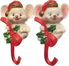2 VTG Mouse Stocking Hangers Kitschy Plastic Mice Mantel Christmas Holder