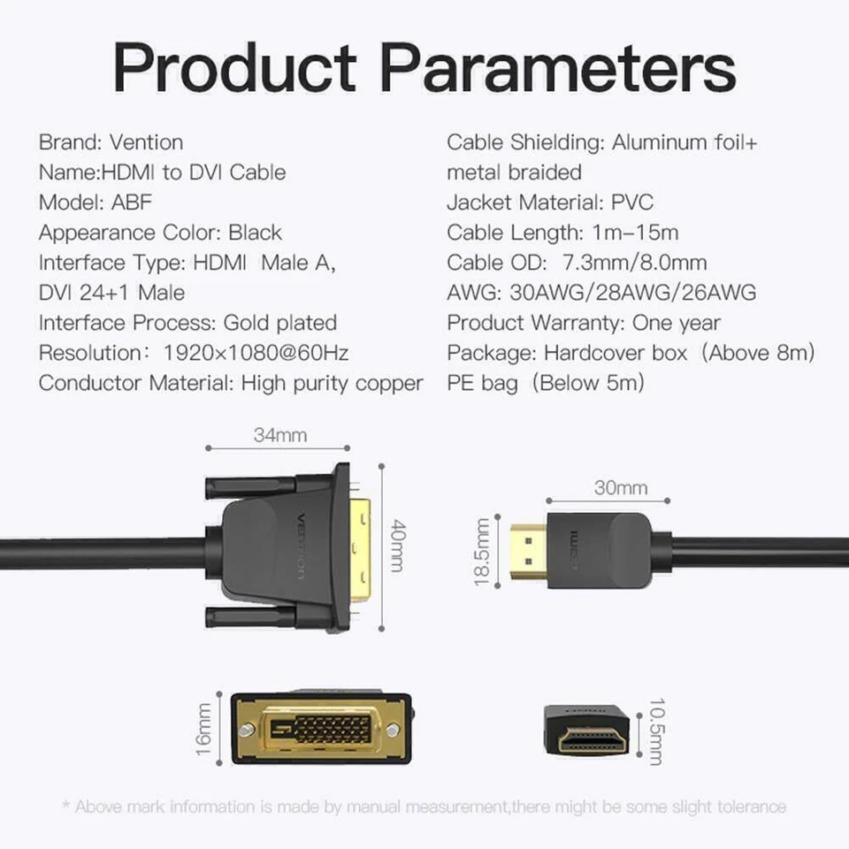 HDMI to DVI Cable Bidirectional DVI-D 24+1 Male to HDMI Male Adapter 5m - Image 3 of 4