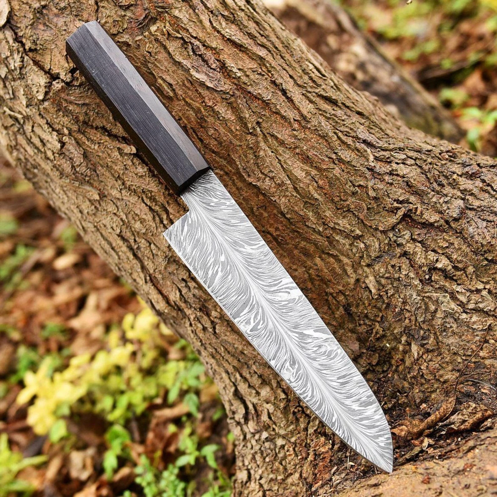 Feather Pattern Damascus Chef Knife Custom Forged Kitchen Carbon Steel Gift