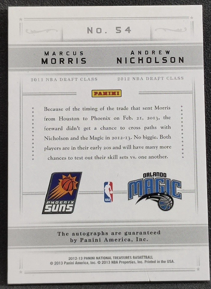 2012-13 Panini National Treasure Marcus Morris Andrew Nicholson doble automático/99 Foto 2 de 2