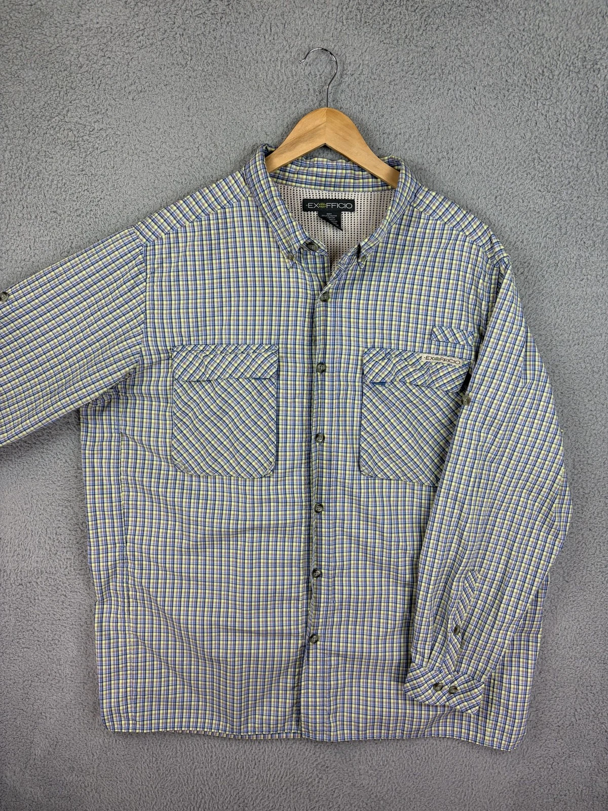 ExOfficio Shirt Mens 2XL Blue Plaid Vented Fishing Button Front Outdoor Camping