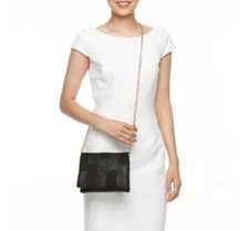 LC Lauren Conrad Poche Crossbody Purse Black Patchwork Gold Chain Magnetic Close