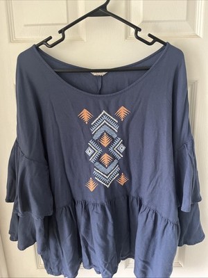 Ariat Women s Top Sz Lg Indigo Blue Saloon Southwestern Peplum Ethnic 3/4 Sleeve