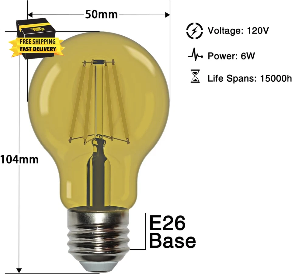 A19 Glass LED Yellow Light Bulb, 6W(60W Equivalent) E26 Base, Dimmable LED Yello - Image 2 of 4