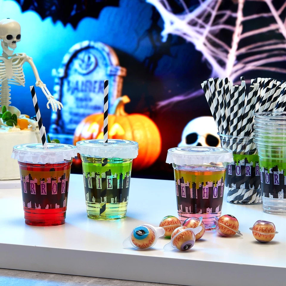 50 Pcs Halloween Disposable Plastic Cups with Lids  Straws for Parties - Image 4 of 4