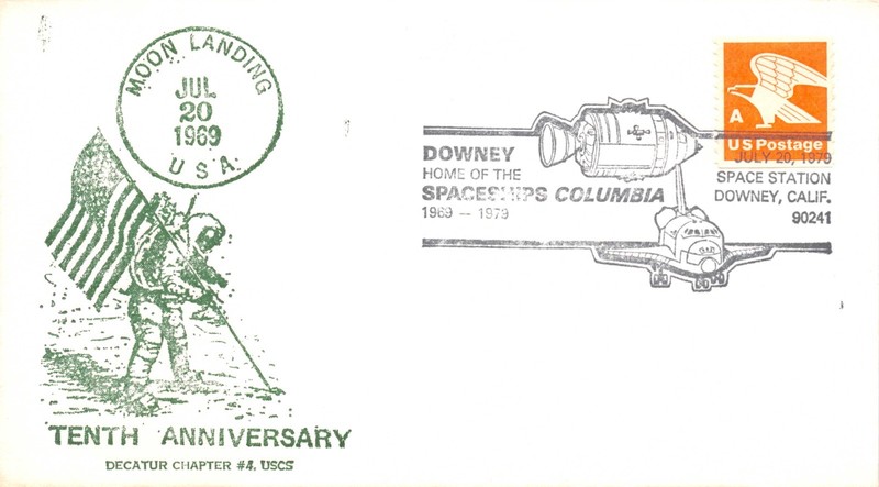 APOLLO 11 10th ANNIV. DOWNEY, CA CANCEL 7/20/79 MOON FLAG CACHET-"A" STAMP #1735