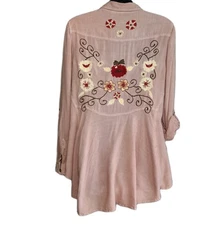 Small Floral Embroidery Flowy Tunic Button Roll Tab Sleeves Boho Hippie Western