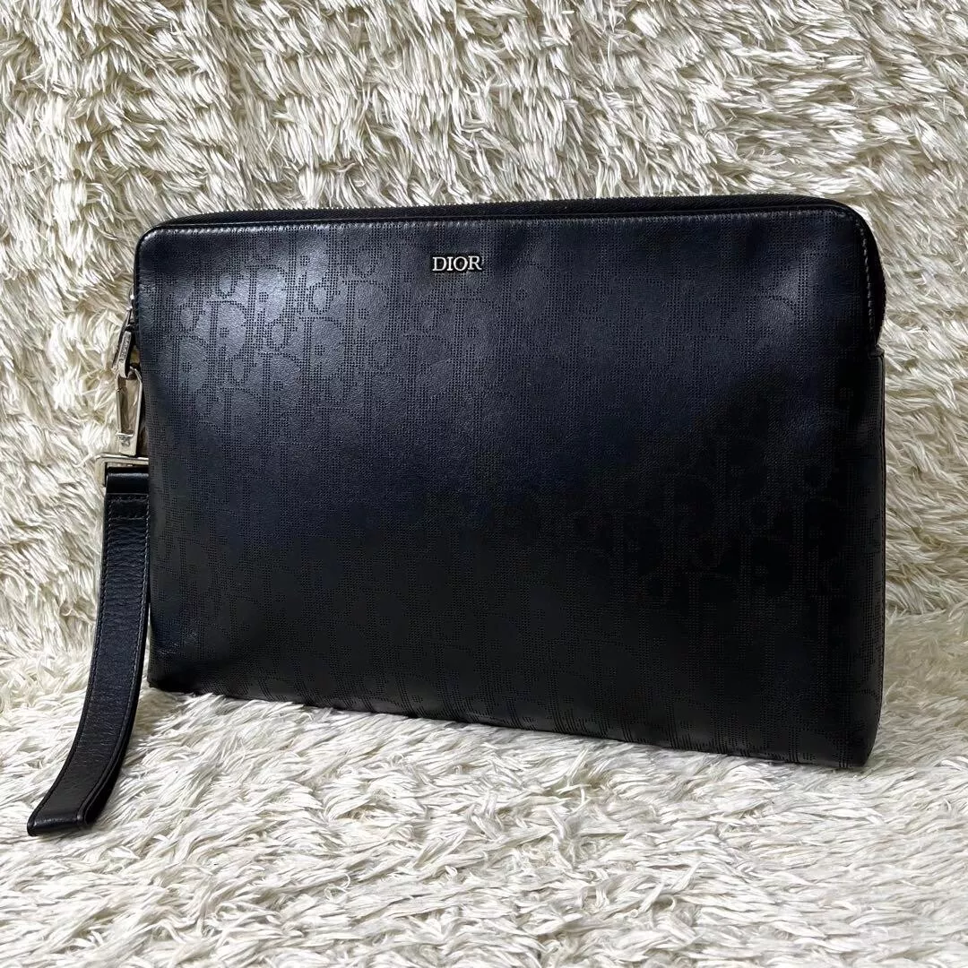 Pochette homme Dior Oblique étui à documents cuir noir occasion livraison gratuite