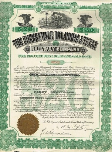 USA CHERRYVALE OKLAHOMA & TEXAS RAILWAY COMPANY stock certificate/bond 1908