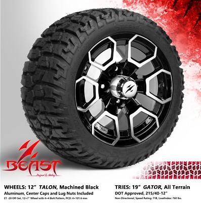 4x GOLF CART 12'' MACHINED 'TALON' WHEELS and 215/40-12 GATOR DOT A/T TIRES
