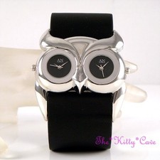 Étourdissant Argent Hibou Oiseau Hod Double Multi Noir Cadran Monde Temps Montre