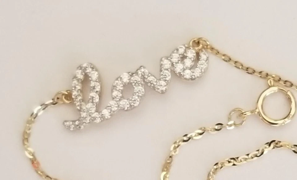 Pulsera tobillera de oro amarillo sólido real de 14k Love-Calcetín de Amor-CZ Piedra blanca Foto 3 de 4
