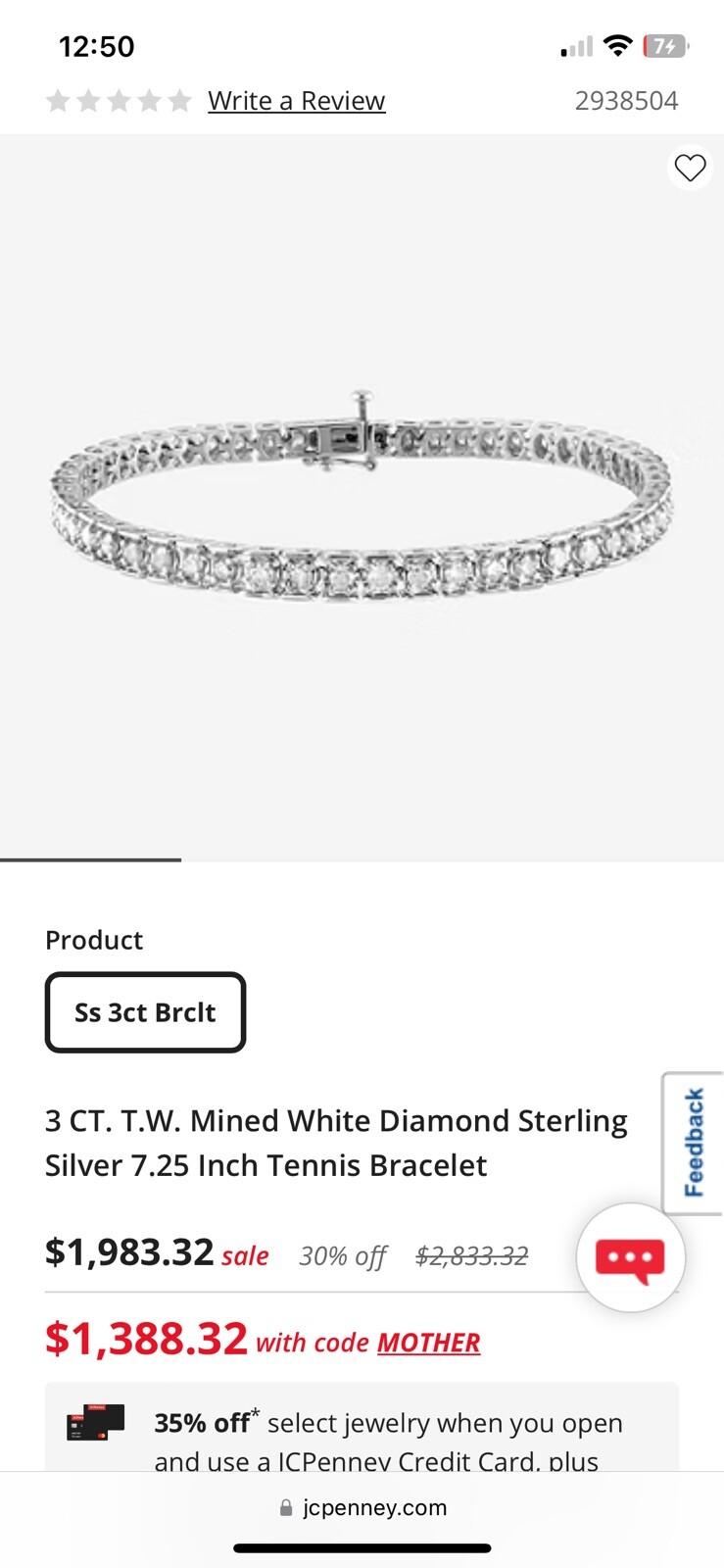 3.0 CARAT GENUINE DIAMOND Tennis Bracelet. From JCPenny. Original Price