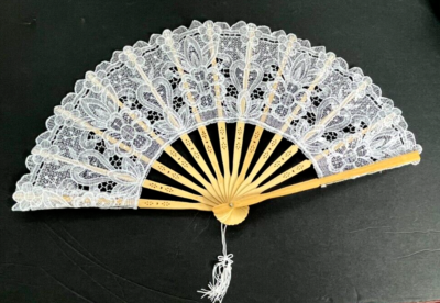Floral White Lace Fan, Victorian Style, Souvenir Burano Island