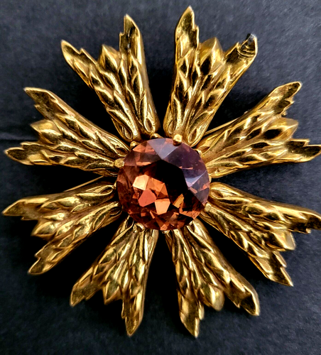 Vintage BENEDIKT NY Multi-Faceted Starburst Amber Glass Gold Pinwheel Pin Brooch - 第 8/8 張圖片