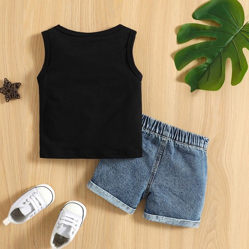 Baby Casual Clothes Set Boy Girl Letter Print Sleeveless Tops+Denim Shorts Sets - Picture 4 of 12