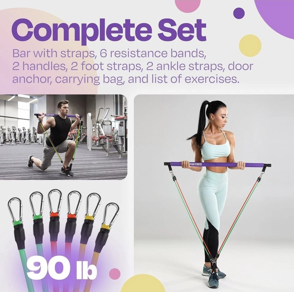 Kit de barra de pilates - Equipo de entrenamiento portátil para gimnasio en casa con bandas de resistencia NUEVO Foto 3 de 3