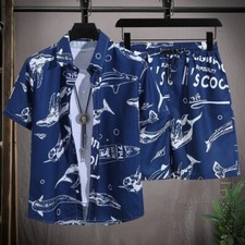 Mens Hawaiian Beach Set Single Breasted Short...