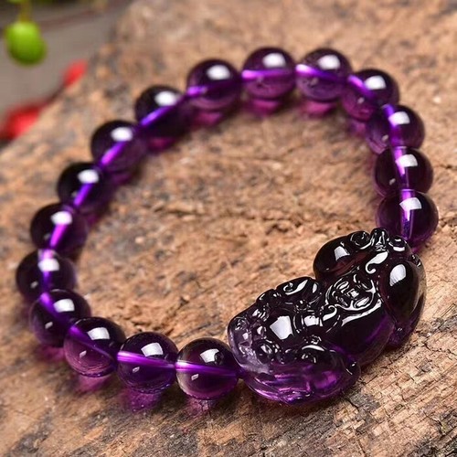 “貔貅”Feng Shui Natural Purple Amethyst Quartz Gemstone Pixiu Round Beads Bracelet - Picture 1 of 6