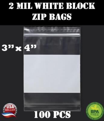 100 3''x 4'' Zip Seal Reclosable 2Mil Plastic Top Lock Bags White Block Jewelry