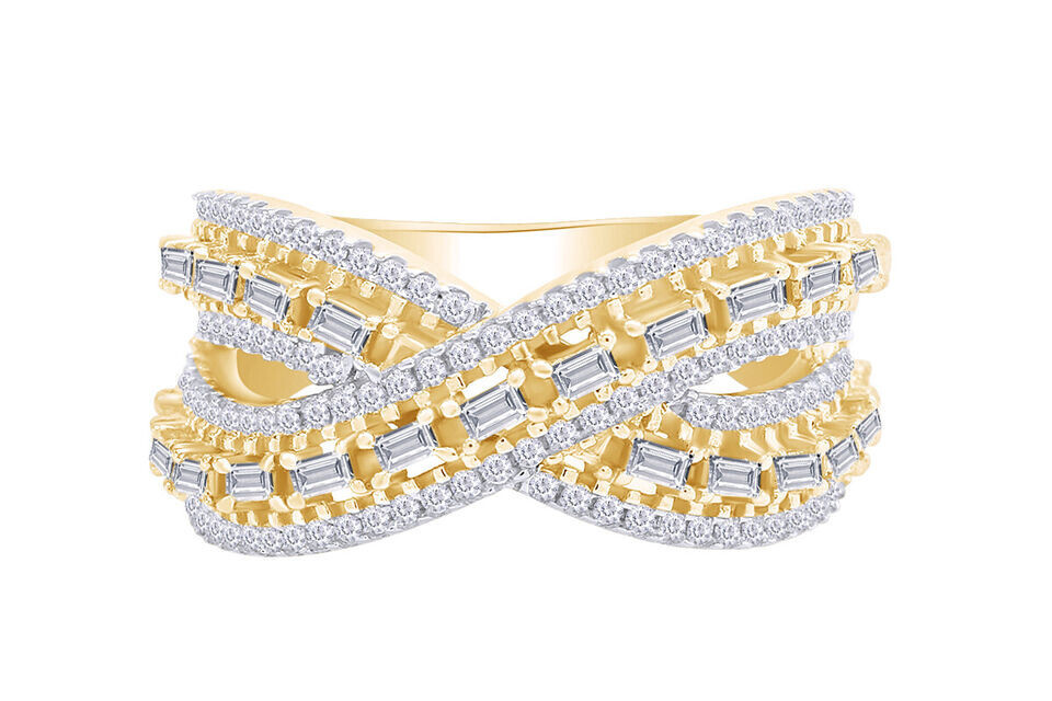 3/4ct Natural Bagutte & Round Diamond 14K Yellow Gold Criss Cross Wedding Ring
