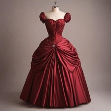 Burgundy Satin Vintage Ball Gown Puff Sleeve Sweetheart Pleated Prom Party Dress