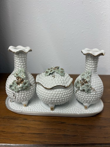 White Hobnail style Porcelain Vanity Set w/ Tray, 2 Bud Vases, Lidded Jar