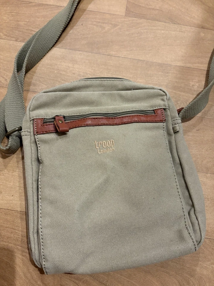 Troop London Canvas Crossbody Bag Light Khaki Leather Detail Unisex - Image 2 of 4