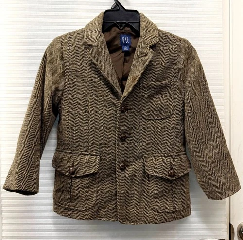Gap Kids Boys Wool Tweed Blazer Jacket Herringbone Brown Size S 6-7 Warm Winter