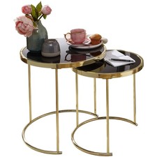 WOHNLING Satztisch Schwarz/Gold Beistelltisch Metall/Glas Couchtisch 2er Set