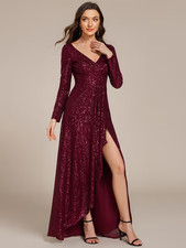 Ever-Pretty Women's Sequin Long Sleeve A-Line High-Low Maxi Dress – Burgundy UK