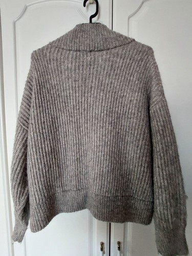 Zara Beige Brown Chunky Knit Ribbed Cardigan Sweater 15% Wool Size L Large - Picture 2 of 9