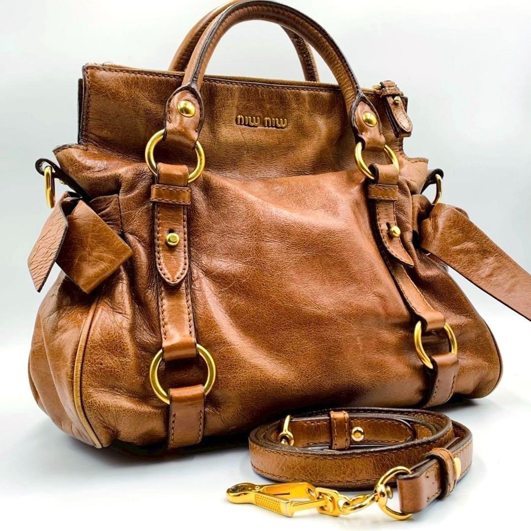 バッグ miu miu side ribbon 2way HandBag Brown miu miu Side Ribbon 2way Leather Shoulder Handbag Brown Gold