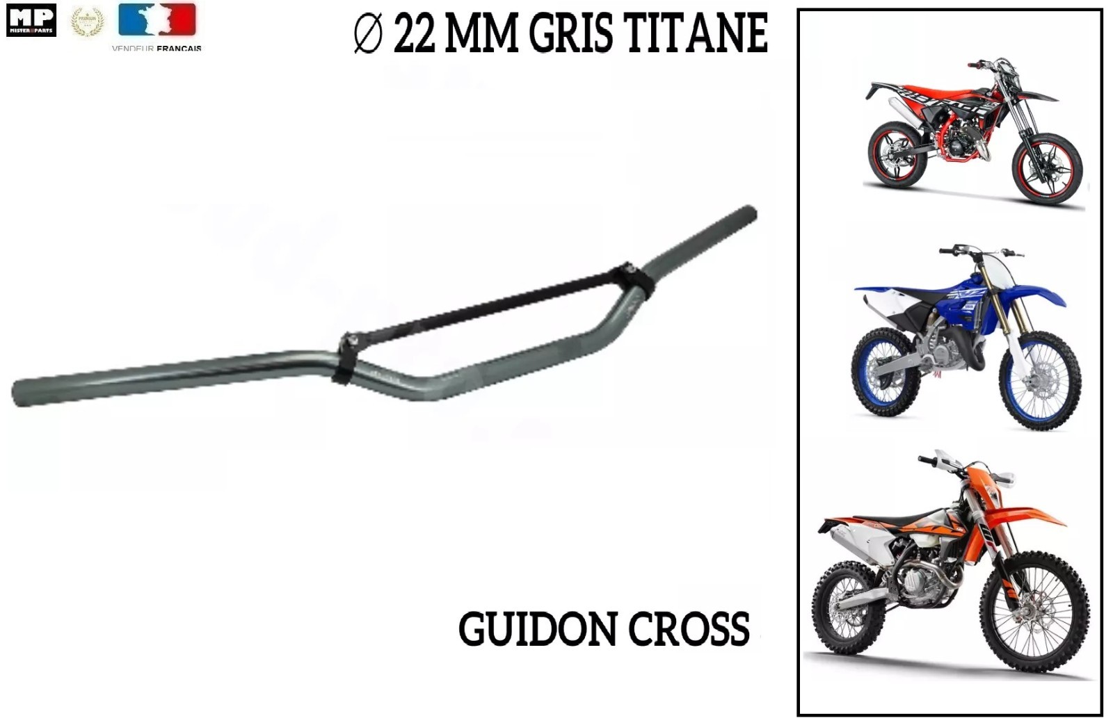 Guidon moto cross gris titane diam 22 mm pour cyclo et enduro 50cc à 250cc